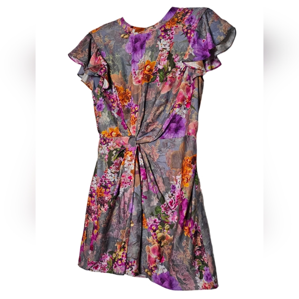 All Saints Jemille Lucia Silk Blend Lined Mini Dress Flutter Sleeves Grey Floral - Picture 8 of 16